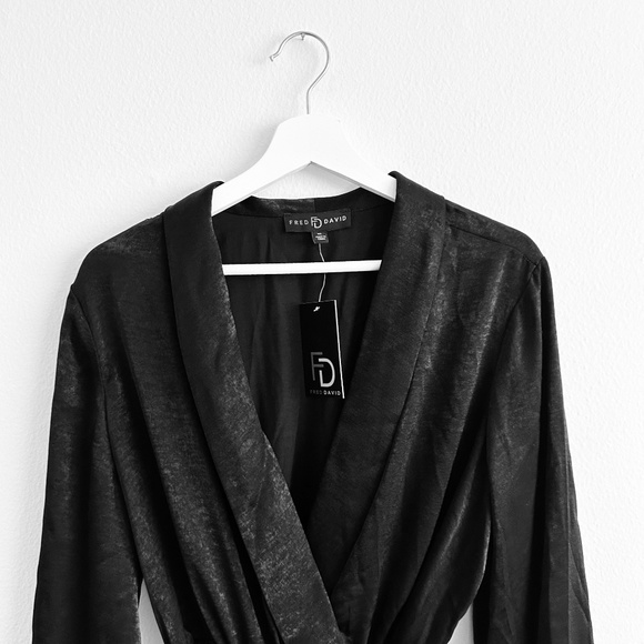 NWT Fred David Pretty Women's Long Sleeve Dress Sexy V-Neck Midi Satin Black XL - Picture 3 of 3
